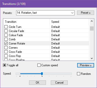 Transitions dialog